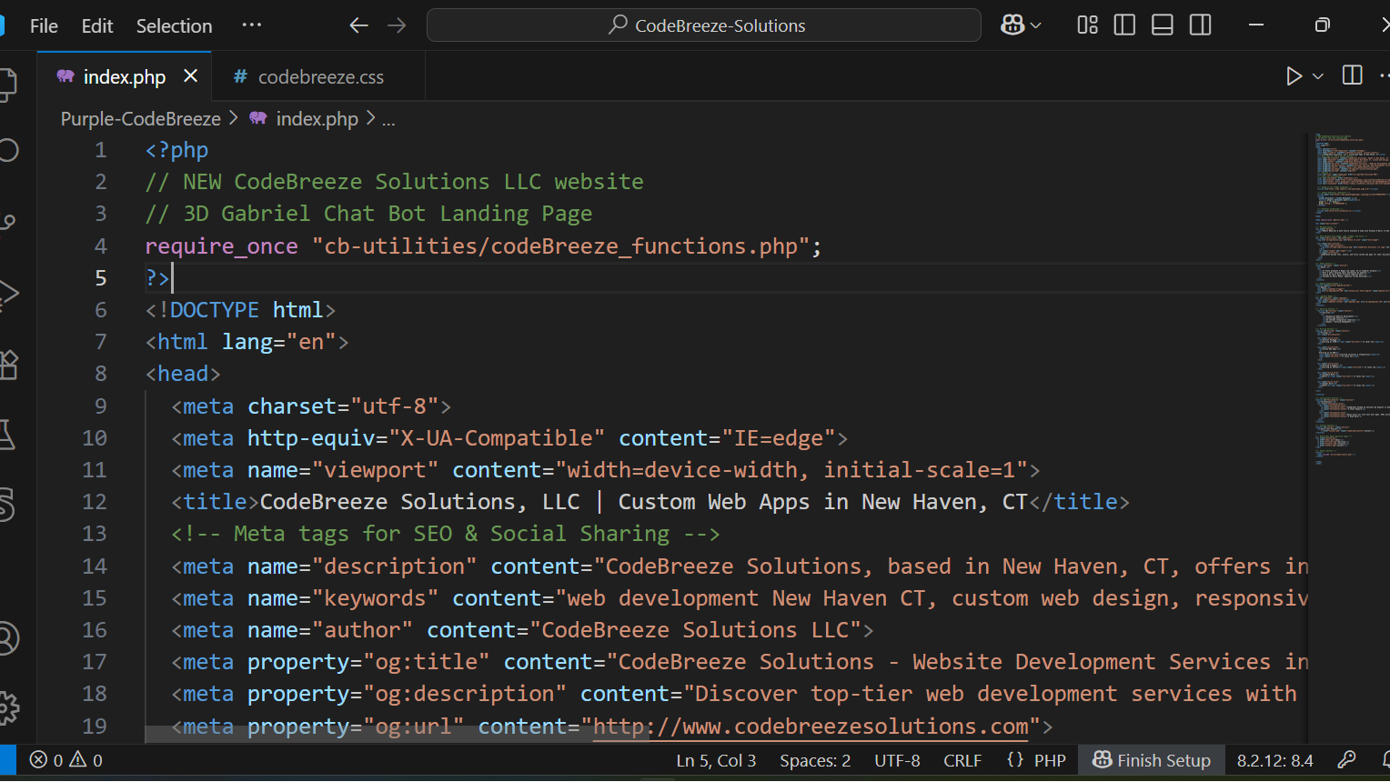 Screenshot of VS Code showing custom PHP and HTML from CodeBreeze Solutions